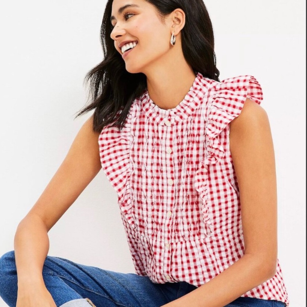Loft red gingham ruffle sleeveless top